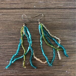 Green glass seed bead dangle fishhook earrings